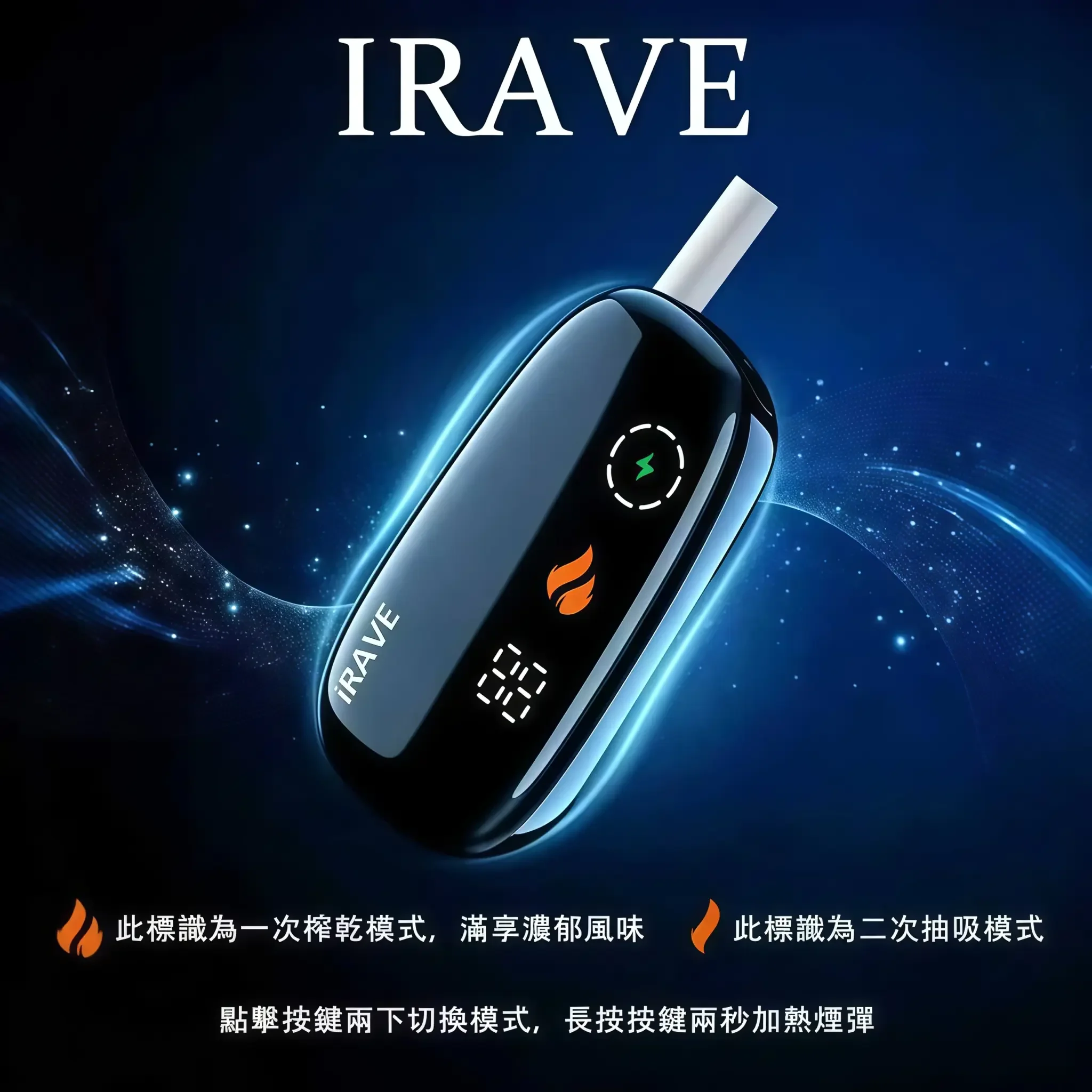 IRAVE-二回機_特色功能介紹.webp iRAVE 二回機二次加熱菸主機 黑色|適用 TEREA煙彈|日本原裝進口 1支菸彈抽2次 48g極致輕盈 360°周向加熱 觸控數位顯示:圖片 1